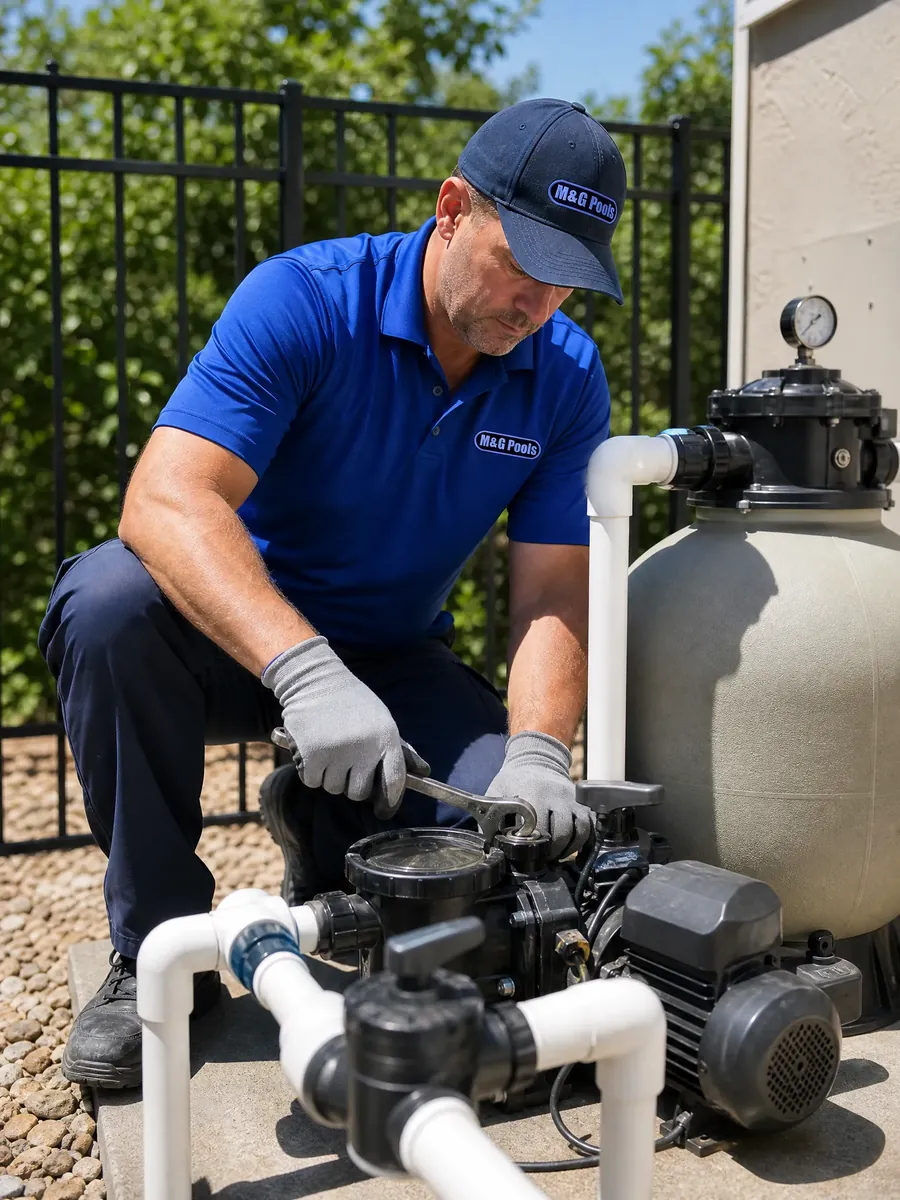 An M & G Pools technician servicing pool equipment