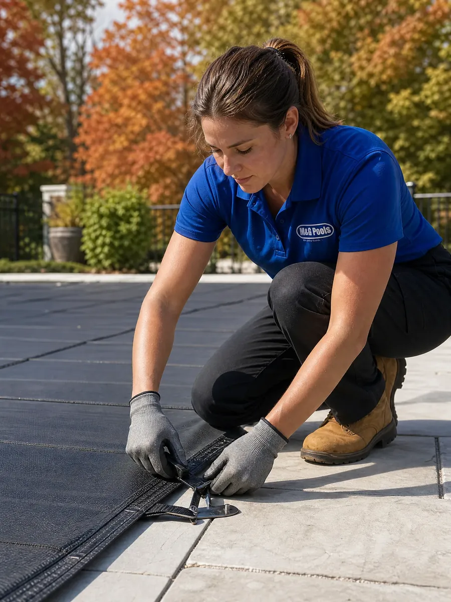 An M & G Pools technician anchoring a custom safety cover to the deck